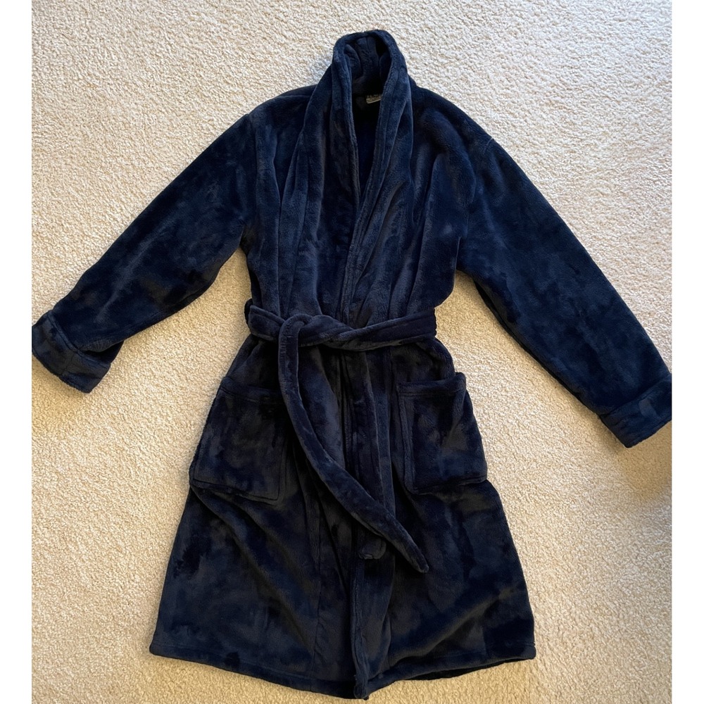 LL Bean Navy Blue Plush Robe Womens Small Soft Fleece Belted Long Loungewear